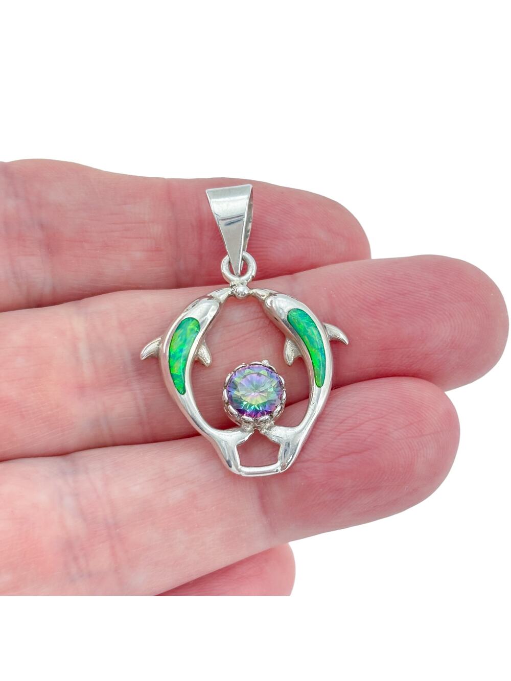 Vintage Sterling Silver 925 Green Opal Mystic Cubic Zirconia Dolphin Pendant